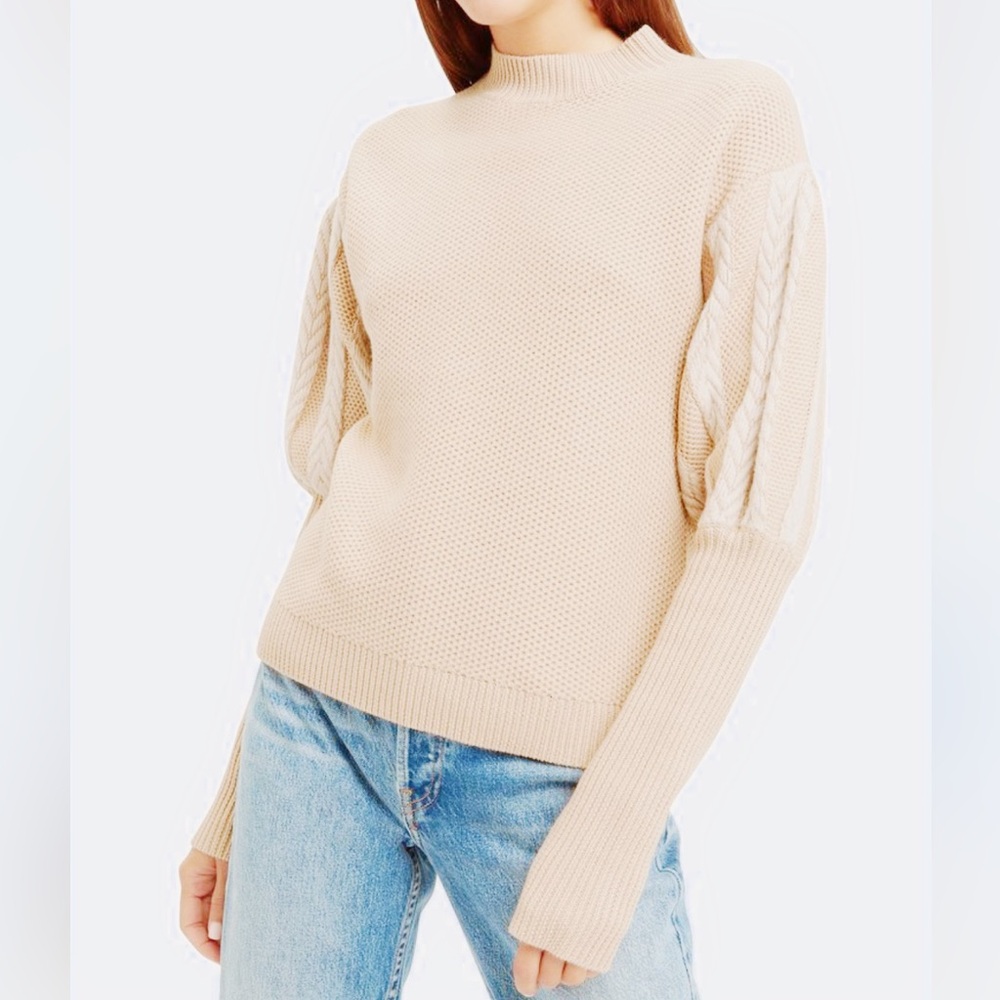 Jonathan Simkhai Wool Cable Knit Puff Sleeve Mock Neck Sweater